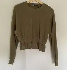 Zara cropped sweater crewneck cinched waist ruffle detail casual comfortable S