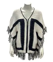 CCC Handcrafted Luxury Black White Poncho Geometric Design Fringe Knit Zip Up OS