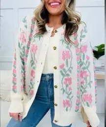 Haptics by Holly Harper ALL FOR LOVE‎ IVORY JACQUARD VERTICAL FLORAL CARDIGAN 2X