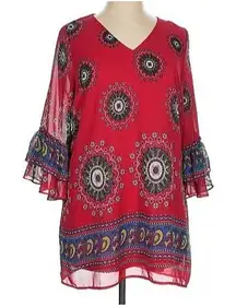 UMGEE Red Paisley Boho Tunic XL Relaxed Fit Tiered Flutter Sleeves Sheer Overlay