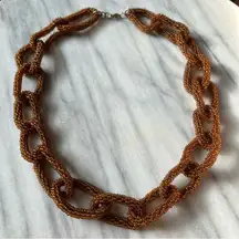 Vintage 70s Glass Seed Bead‎ Chain Link Necklace Brown Beaded Boho Statement