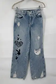 Pacsun X Playboy Eco Super Distressed High Waisted Baggy Jean Women 24 Blue
