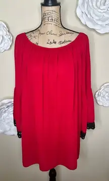 Pretty Semi Sheer Red Flowy Blouse w/ Black Crochet Trim Bell Sleeves Sz XL