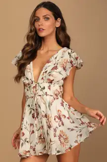 Lulus Flirty Ways Cream Floral Print Flutter Sleeve Romper