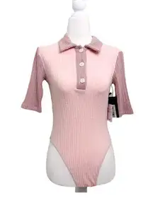 Olivaceous Ribbed Short Sleeve Bodysuit Colorblock Minimalist Pastel Pink Mauve