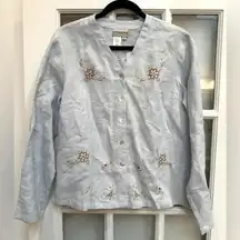 Coldwater Creek | Light Sky Blue Linen Button Down Floral Embroidered Blouse M