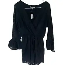 Miami NEW black bell bottom sleeves lace faux wrap medium romper