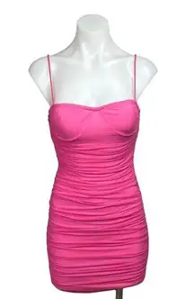 Revolve Superdown Emmie Neon Pink Ruched Mesh Mini Strap Bodycon Dress Size XS