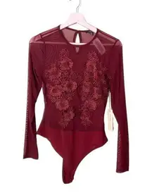 Iris red burgundy floral embellished mesh bodysuit medium NWT