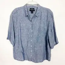Tahari Womens Shirt Large Linen Boxy Relaxed Comfort Beachy Coastal Nautical