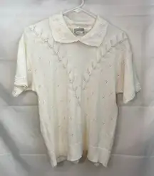 Vintage Designers Petite women's cream soft knit collared short sleeve sweater S