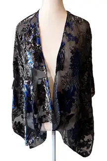 Sheer Floral Kimono Blue Black Burnout  Shawl Whimsey Goth Open Front Evening