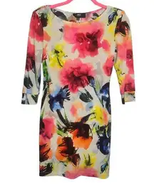 ABS Mini Dress Floral Bodycon Colorful Stretch Boat Neck 3/4 Sleeve Womens XS