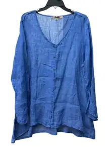 FLAX Brand Women's 100% Linen Size 1X Button Down Blouse Top Blue #N10-6