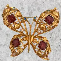Vtg Avon Butterfly Pin Brooch Gold Tone Rhinestone Victorian Revival Art Nouveau