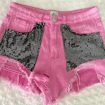 Pink Frayed Denim Jean Shorts with Sequin Detail