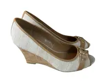 Tommy Hilfiger Peep Toe Cork Wedge Slides with Gold Plated Logo Women’s Size 7