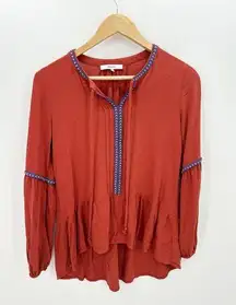 Ro & De Women Burnt Orange Long Sleeve Peasant Boho Blouse Shirt Size Small