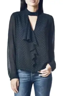 Avec Les Filles Mock Neck Ruffle Polka Dot Blouse Black Blue XS