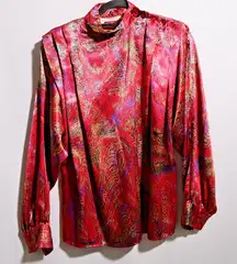 VTG 80s Tess Paris‎ Red Satin Blouse Abstract Disco Secretary Retro Statement 10