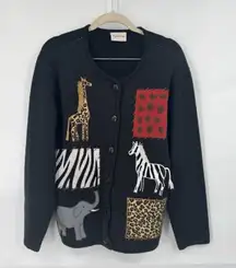 Crystal Kobe African Safari Patchwork Button Sweater Women XL Black Stitch Zebra