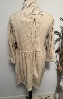 Free People Textured Gauze Babydoll Tunic Top Beige XS Smocked Button Back