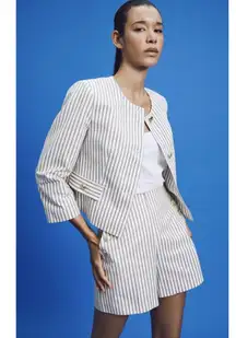 Zara Cream White Striped Long Sleeve Gold Button Down Crop Blazer Coat Jacket S