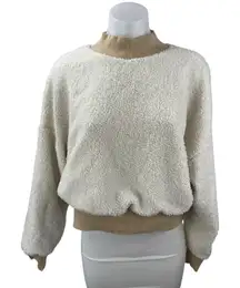Fabletics Malia Polar Fleece White Brown Mock Neck Long Sleeve Sweater Top Sz M