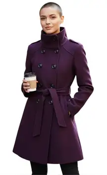Guess Wool Blend Double Breasted Belted Violet Coat. SZ. S
