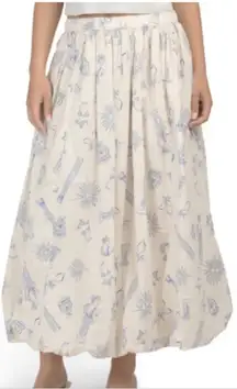 Lucky Brand Bubble Cotton Poplin Maxi Skirt Greece Travel Vacation Print Ecru