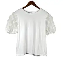 Zara Womens White Short Sleeve Shirt with Organza Balloon Sleeves Size Medium