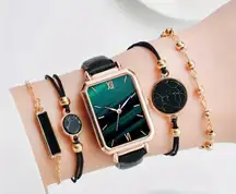 Gorgeous Women's Quartz Watch 5 Piece Set with Matching Leather Bracelets