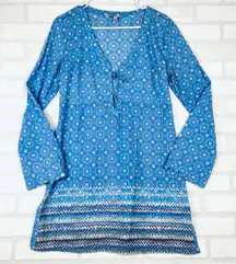 Athleta‎ Blue Print Tunic Top Long Sleeve V Neck Swim Cover Up Womens Medium