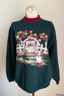 Vintage 90’s Morning Sun Fall Green Cat Crewneck Large Petite Grandma Core