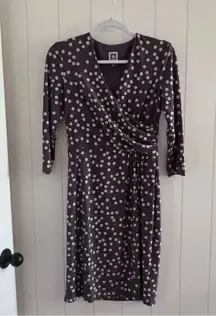 Ann Klein Polka Dot Wrap Dress in Brownish Gray and Beige Polka Dot