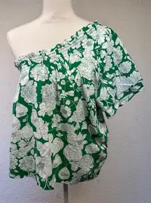 J. Crew Kelly Green Floral Smocked One-shoulder Cotton Summer Preppy‎ Top Medium