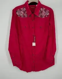 NWT Panhandle Slim Juniors Hot Pink Embroidered Sequin Pearl Snap Top Sz XL