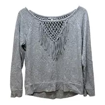 American Eagle Macrame V Neck Fringe Gray Sweatshirt Size Medium Mod Boho Chic‎