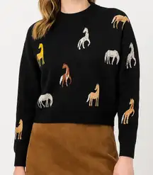 THML Black Horse Print Sweater Knit Crewneck Pullover Equestrian Western Small