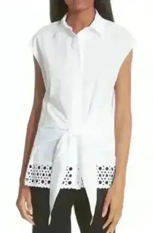 SANDRO Eyelet Trim Tie Front Cotton White Blouse In‎ Ecru