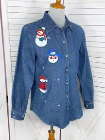 Westbound Snowman Appliqué Embroidered Denim Shirt Blue Medium Button Up