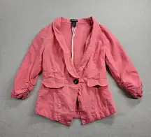 Stoosh Womens Blazer Size S Pink Linen Blend One Button Preppy Ruched Sleeve