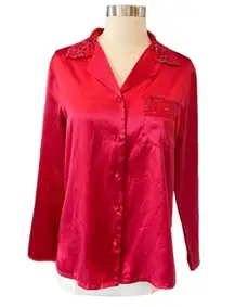 Victoria’s Secret Red Satin Pajama Set With Floral Lace Trim