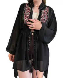 Cato Chiffon Embroidered Cardigan Kimono Sheer Balloon‎ Sleeve Black Large