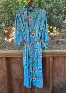 Natori Women's Blue Floral Bird Print Kimono Sleeve Robe Full Length Size M