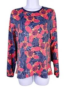 Hang Ten Womens S Activewear Red‎ Navy Floral Long Sleeve Top Zip Pocket Back