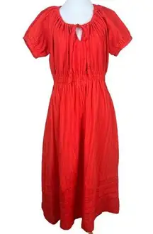 Lost + Wander Dress Womens Large Red Orange Midi‎ A-Line Tie Neck Short Sleeve