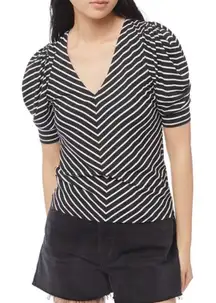 Frame Black and White Striped Top Puffed Short Sleeve V-Neck Casual Stretch EUC