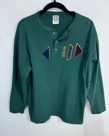 Cotton Deluxe Vintage 90s‎ Hunter Green Geo Embroidered Henley Shirt Size Medium