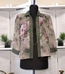 R & M Richards vintage 80s rose print pink green sheer lace bolero top sz 6 P